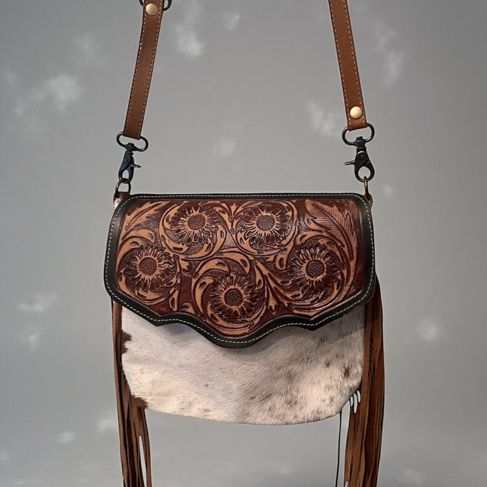 Myra Bag American Darling Tooled Leather Cowhide Fringe Crossbody Cream Brown